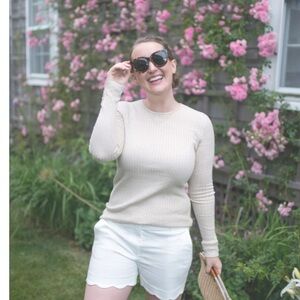 J.MCLAUGHLIN Sweater XS Annette Ribbed Striped Button Cuff Beige